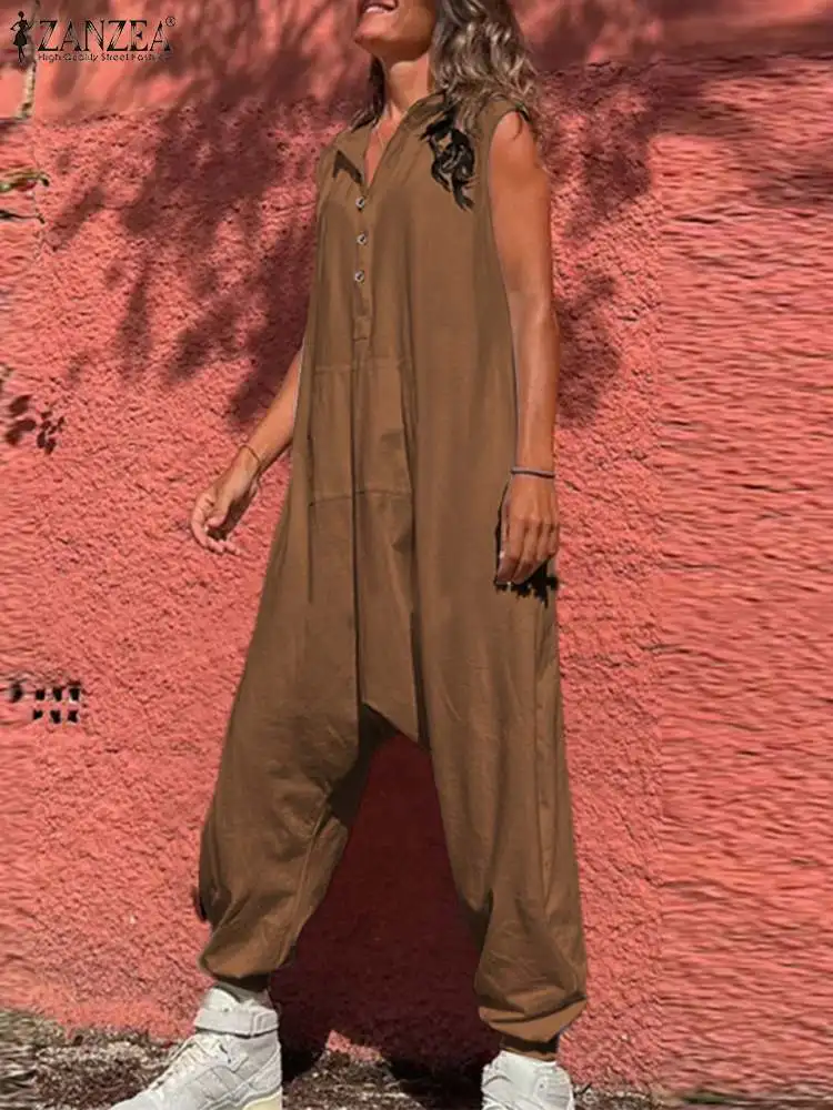 

ZANZEA SleevelessDrop-crotch Pant Jumpsuits Casual Hooded Playsuits Loose Streetwear Long Rompers 2023 Summer Women Overalls