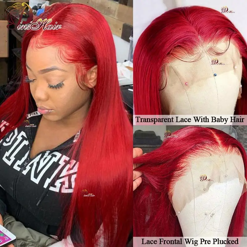 Bright Red Bone Straight Lace Front Human Hair Wigs Pre Plucked Red 99J 13x6 HD Transparent Lace Front Wig for Women Remy Hair human hair wig