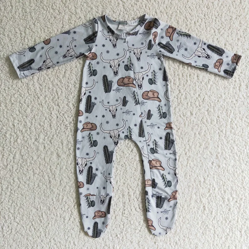 

Wholesale Bodysuit Baby Boy Zipper Jumpsuit Kid Toddler NO MOQ Fall Trim Footie Onesie Newborn Western Cow Cactus New Romper