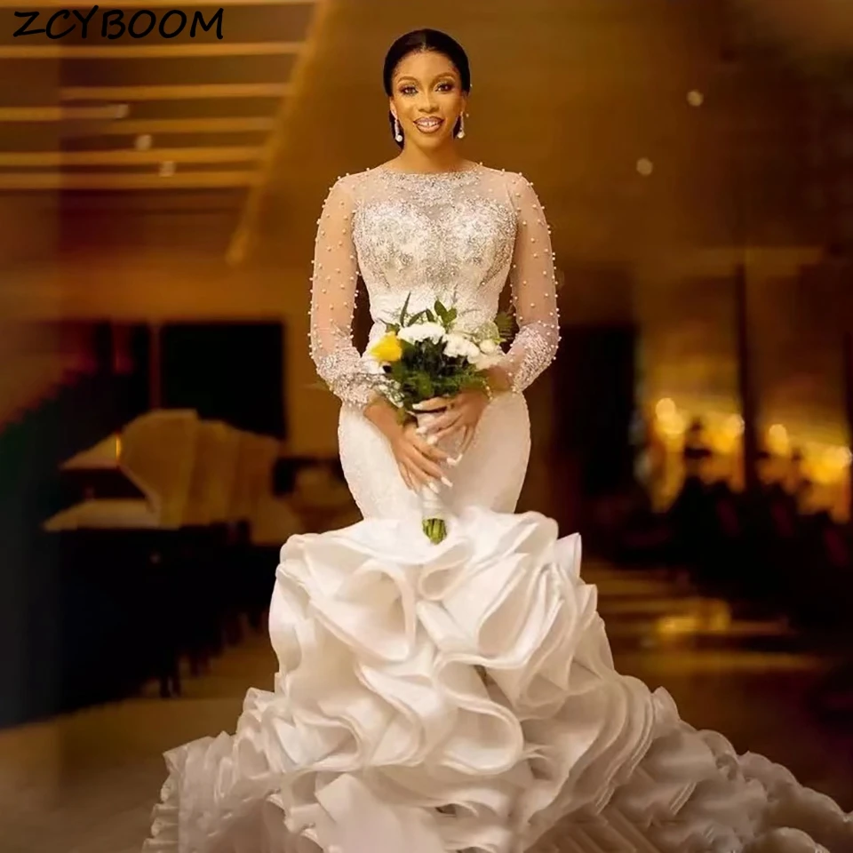

Elegant Beaded Pearls Lace Appliques Ruffles Mermaid Wedding Dresses 2024 Long Sleeves Sweep Train Tulle Bridal Gowns For Women
