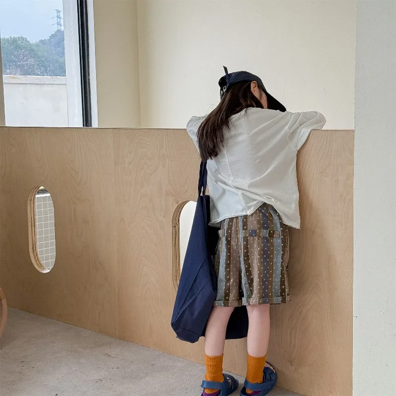 여름 키즈 캐주얼 루즈핏 반바지 한국 스타일 남아 여아 밴딩 스트라이프 물방울 무늬 와이드 레그 반바지 데일리룩 A7225
