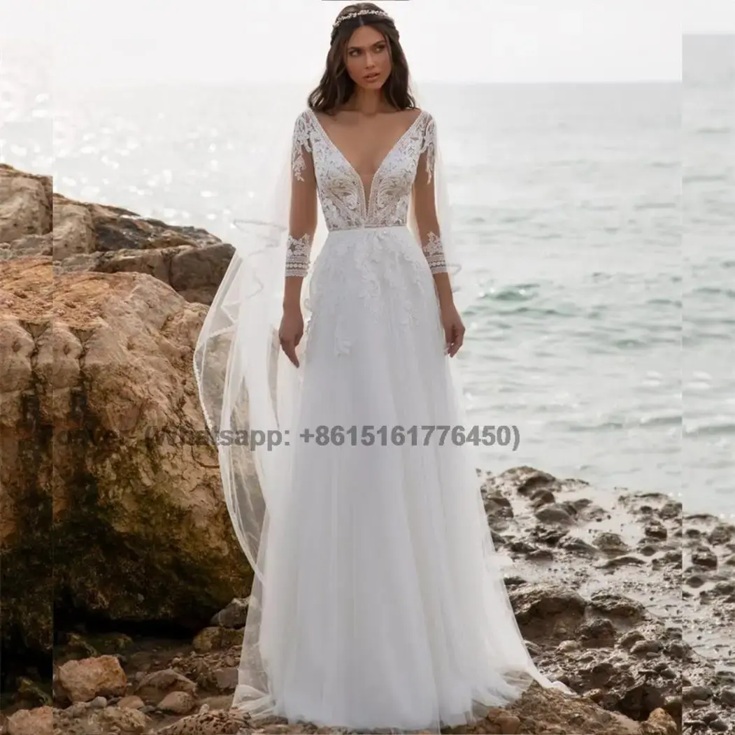 

Bohemian Deep V-Neck Wedding Dress Lace Applique Three Quarter Sleeve Beach Bridal Gowns Backless A-Line Tulle Vestidos De Novia