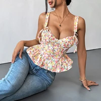 Corset à lacets rose imprimé floral avec bretelles en coton à volants et taille plissée pour femme Printemps-Été 2026 6