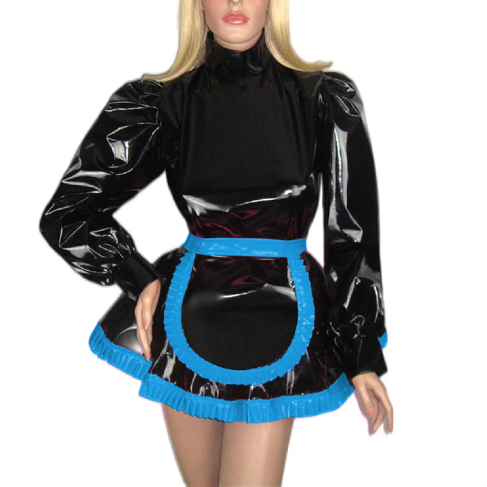 Halloween Party Shiny PVC Maid Uniform Sissy Cosplay Outfits Wetlook Puff Long Sleeve French Maid Dress with Apron Cross-dresser