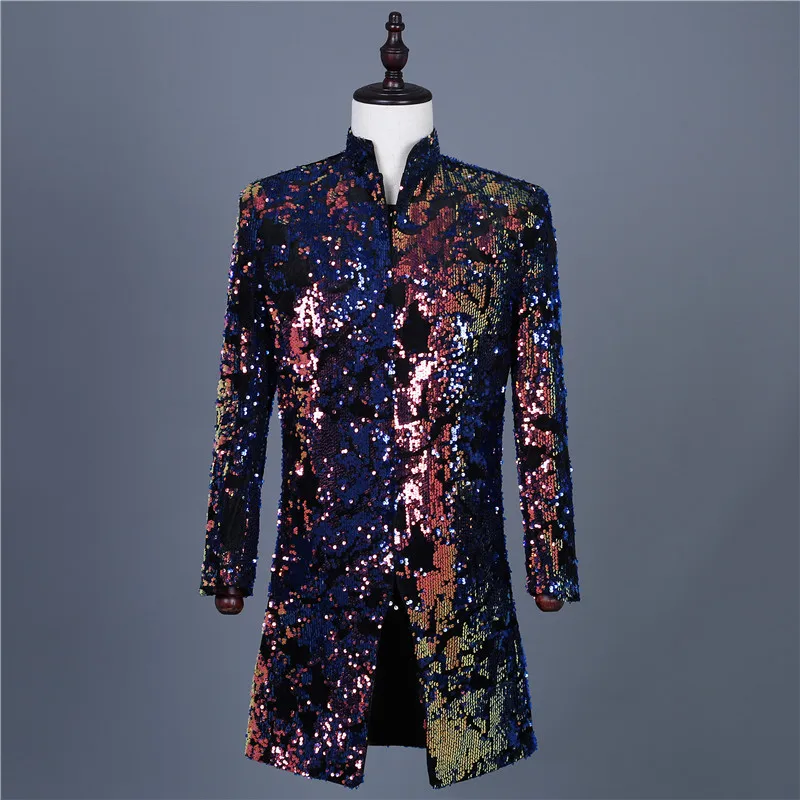

Luxury Shiny Sequin Men's Blazer 2023 Brand Chinese Style Stand Collar Tuxedo Suit Jacket Party Show Prom Singers Costumes Coats