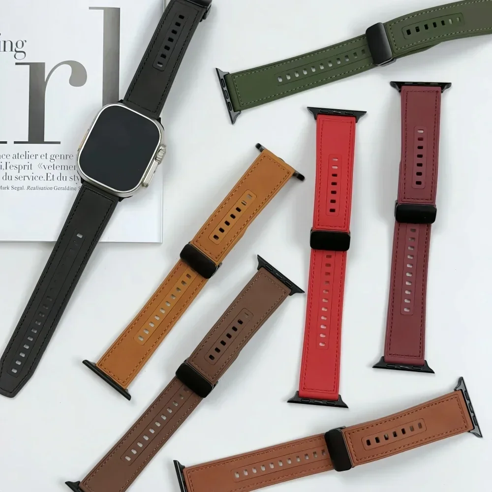 Silicon+Leather Band For Apple Watch Strap 41 42 44 45 49mm 46mm Retro Magnetic Buckle Bracelets iWatch Ultra Series 10 9 8 7 SE