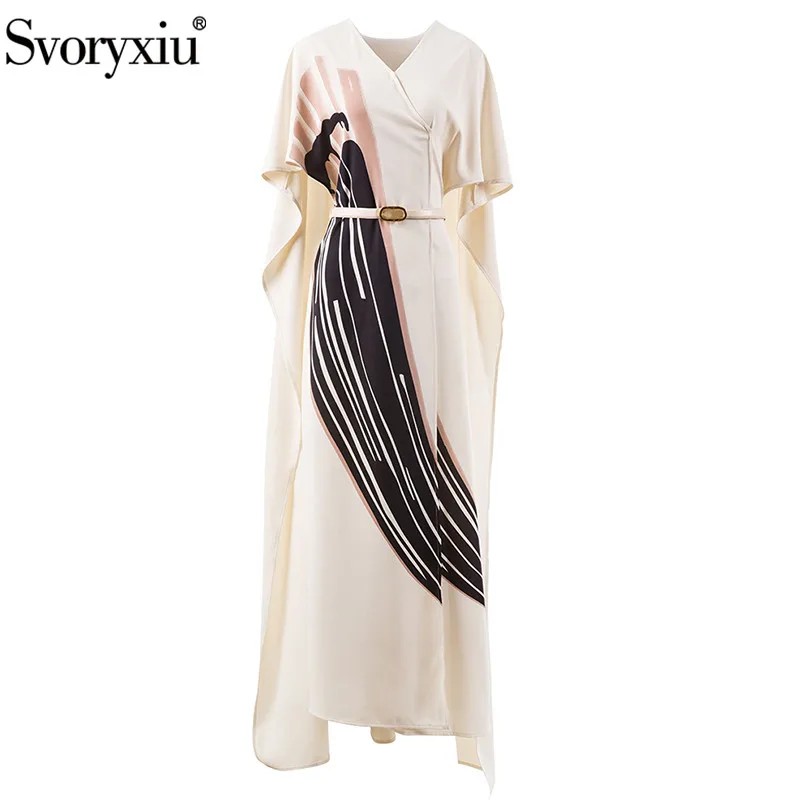 

Svoryxiu 2022 New Summer Fashion Designer Asymmetrical Maxi Long Dress Women's Batwing Sleeve Sashes Print Elegant Long Dress