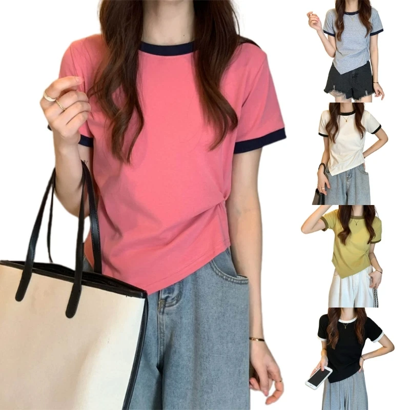 

Contrast Color Shirt Short-sleeved T-shirt Women Daily Ruffle Clothing Bodycon Round Neck Top for Office School Girl N7YD