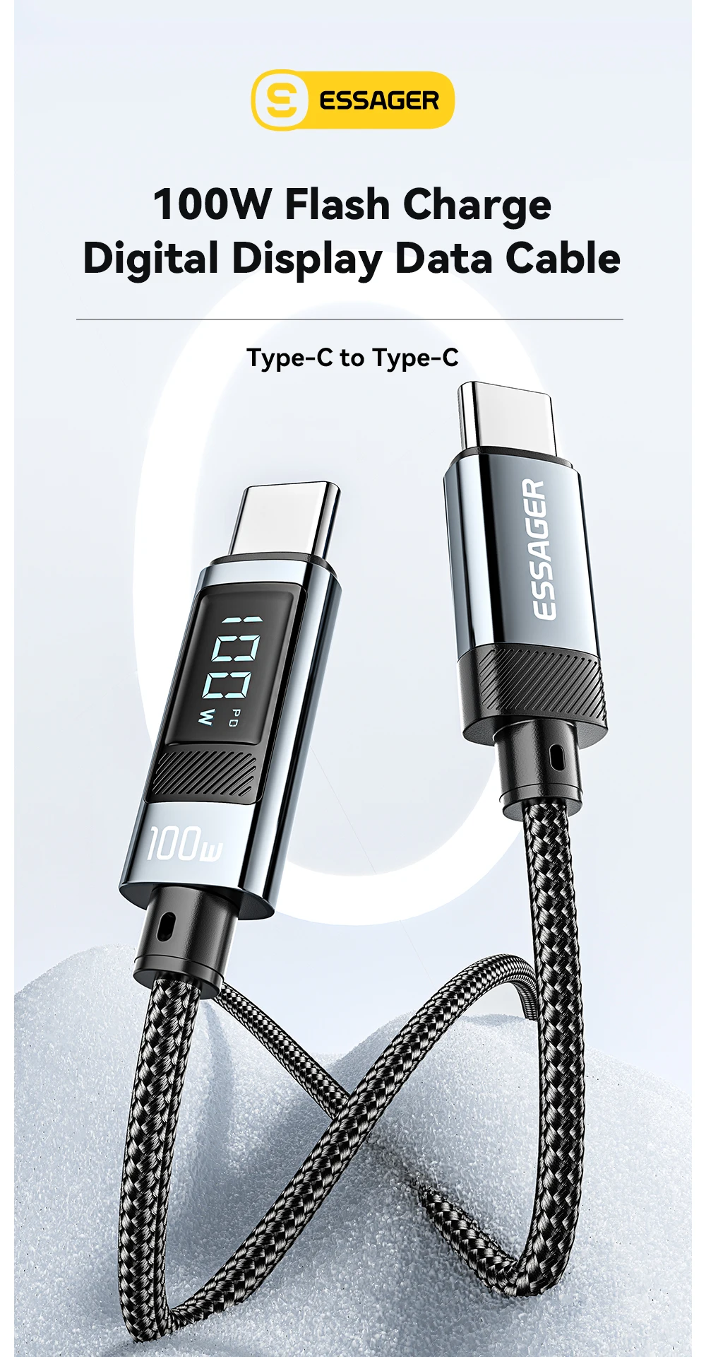100W USB Type C Cable 90 ° LED Digital Display Cable 5A PD Fast Charging For iPh