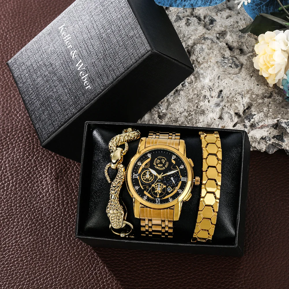 Luxury Watch Gift Set for Men Full Steel Quartz Hollow Date Wristwatch to Father with 2 Pcs Premium Bracelets Best Presents Box