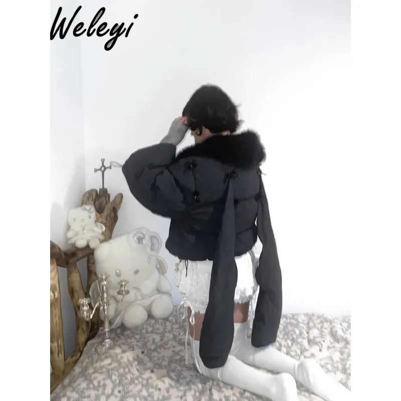 Sweet Women's down Coat 2024 Winter Trumpet Long Sleeve Angel Wings Detachable Short Fur Collar Thick Loose Cotton Padded Coats