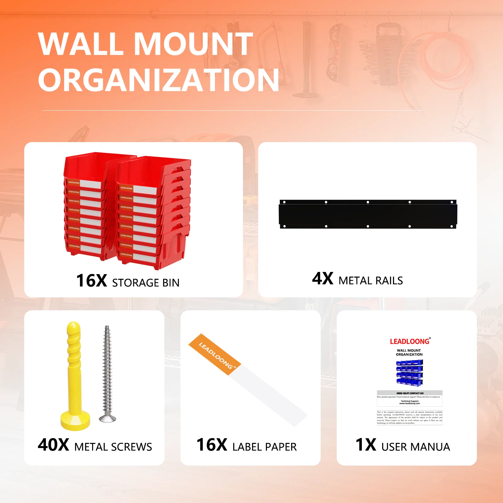 LEADLOONG Durable Wall Mount Organization 49.7*11.4 CM/19.6*4.5 INCH Metal Pegboard For Parts Bin Organizere 6