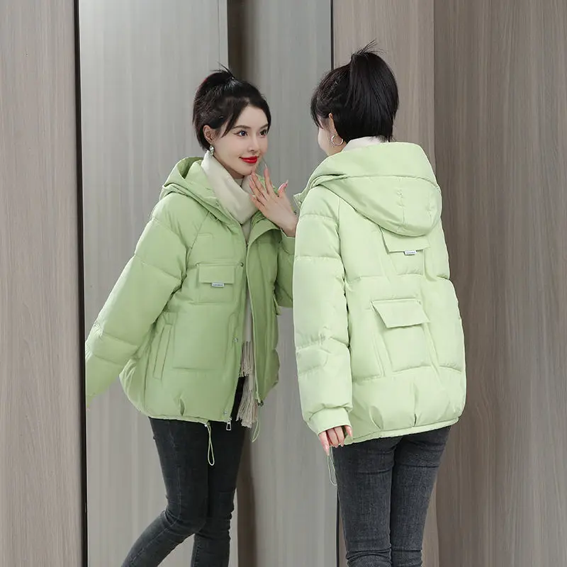 Winter Short Parkas Women Solid Hooded Cotton Down Padded Jacket Plus Size Pocket Thick Loose Overcoat Korean Long Sleeve Coat