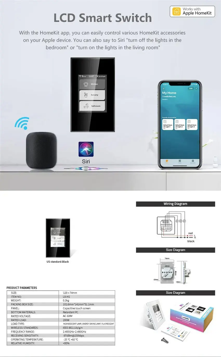 Homekit WiFi Smart LCD Light Switch Curtain Switch US Touch Wall Light Switch Al