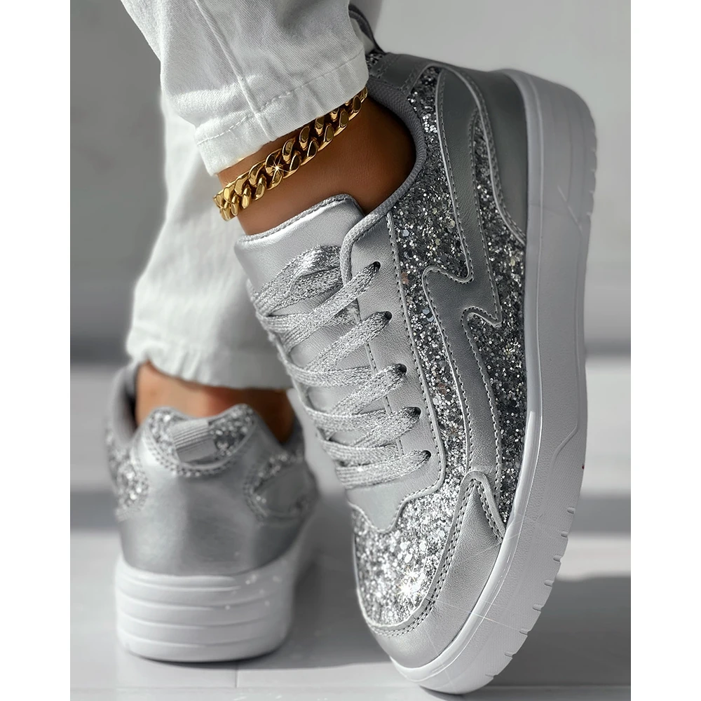 Women Sequins Decor Lace-up Sneakers Daily Casual Round Toe Silver Sports Shoes Spring Fashion Going Out Bling Bling Shoes Flats