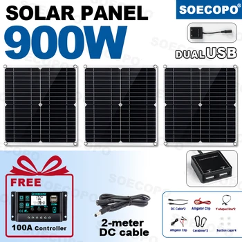 ชุดแผงโซลาร์เซลล์พกพา SOECOPO 900W - แผงเซลล์แสงอาทิตย์ 3 แผง, แถมฟรีคอนโทรลเลอร์ 100A, พอร์ต USB คู่ 5V อุปกรณ์จ่ายไฟสำหรับตั้งแคมป์ 1