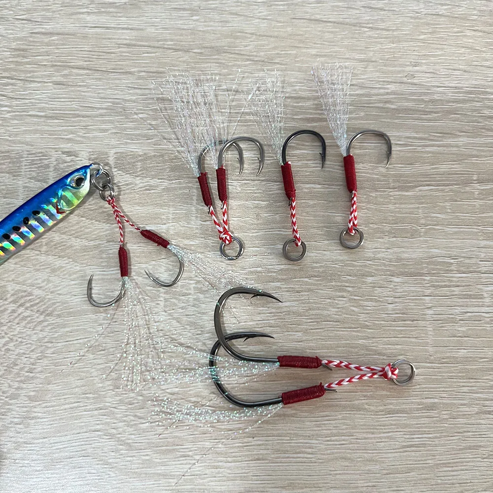 20pcs/10Pair Assist Hook Slow Jigging Fishing Hooks 8#-24# Single/Double PE  Thread Bright Silk Jig Head Hooks for 5g-400g Lure