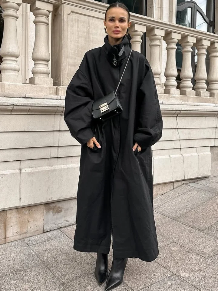 Black Stand Collar Trench Coat Women Casual Long Sleeve Single
