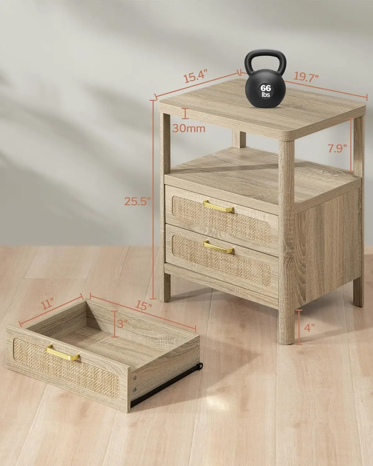 Rattan Nightstands Set of 2-Bedside Tables with 2 PE Rattan Drawers, Night Stand with Open Wood Shelf, Farmhouse Bed Side