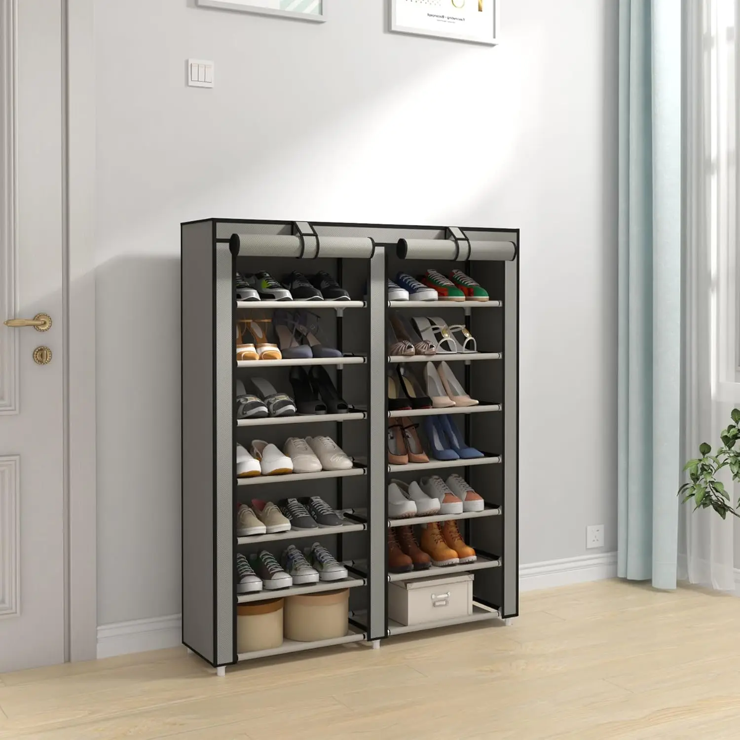 7-Tier Double Row Shoe Rack with Large Capacity, Holds 28 Pairs, Dustproof Cover, Easy Assembly for Home Storage