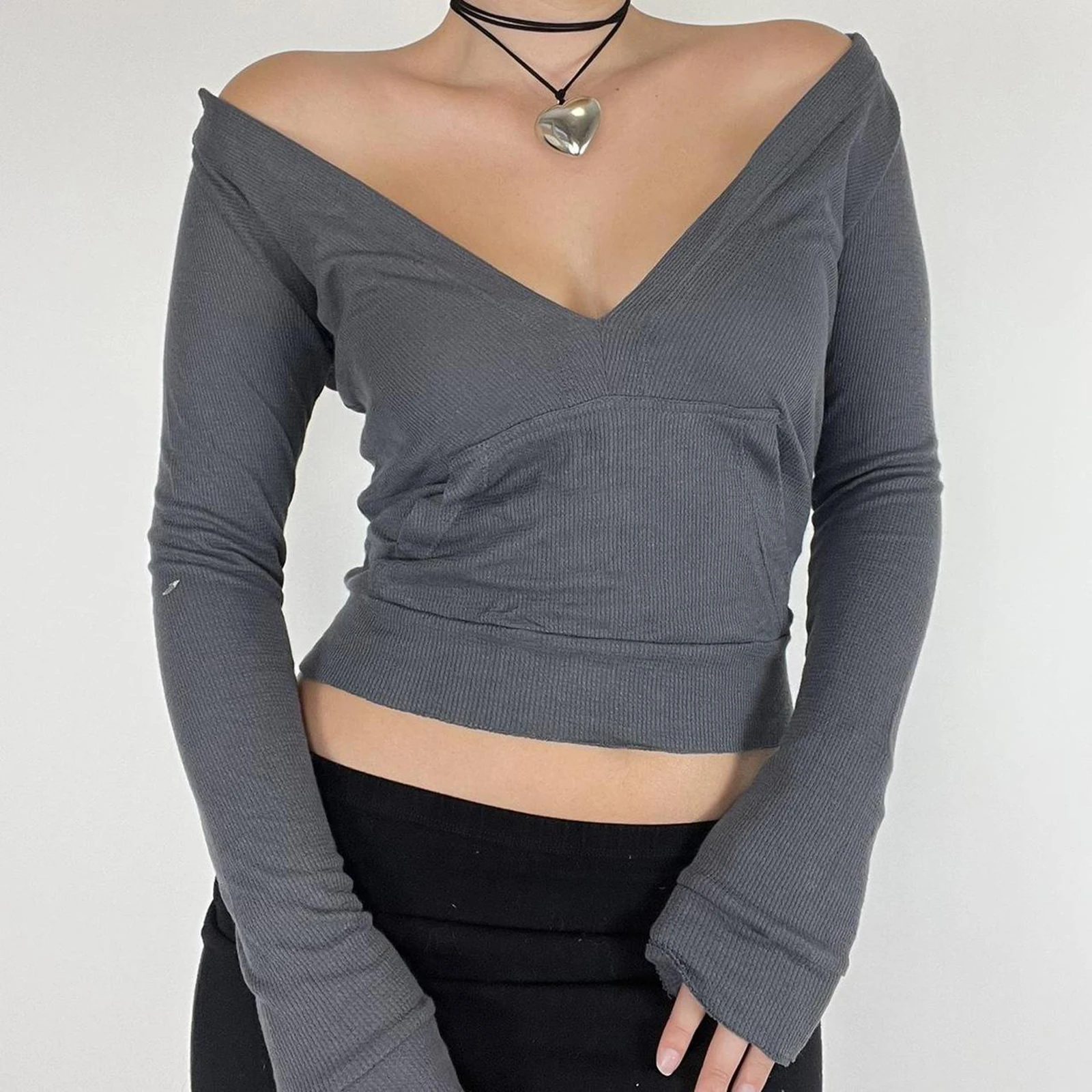 

Women's Long Sleeve Slim Crop Tops Sexy Deep V Neck Solid Color Casual Short Hood T-shirt Club Streetwear