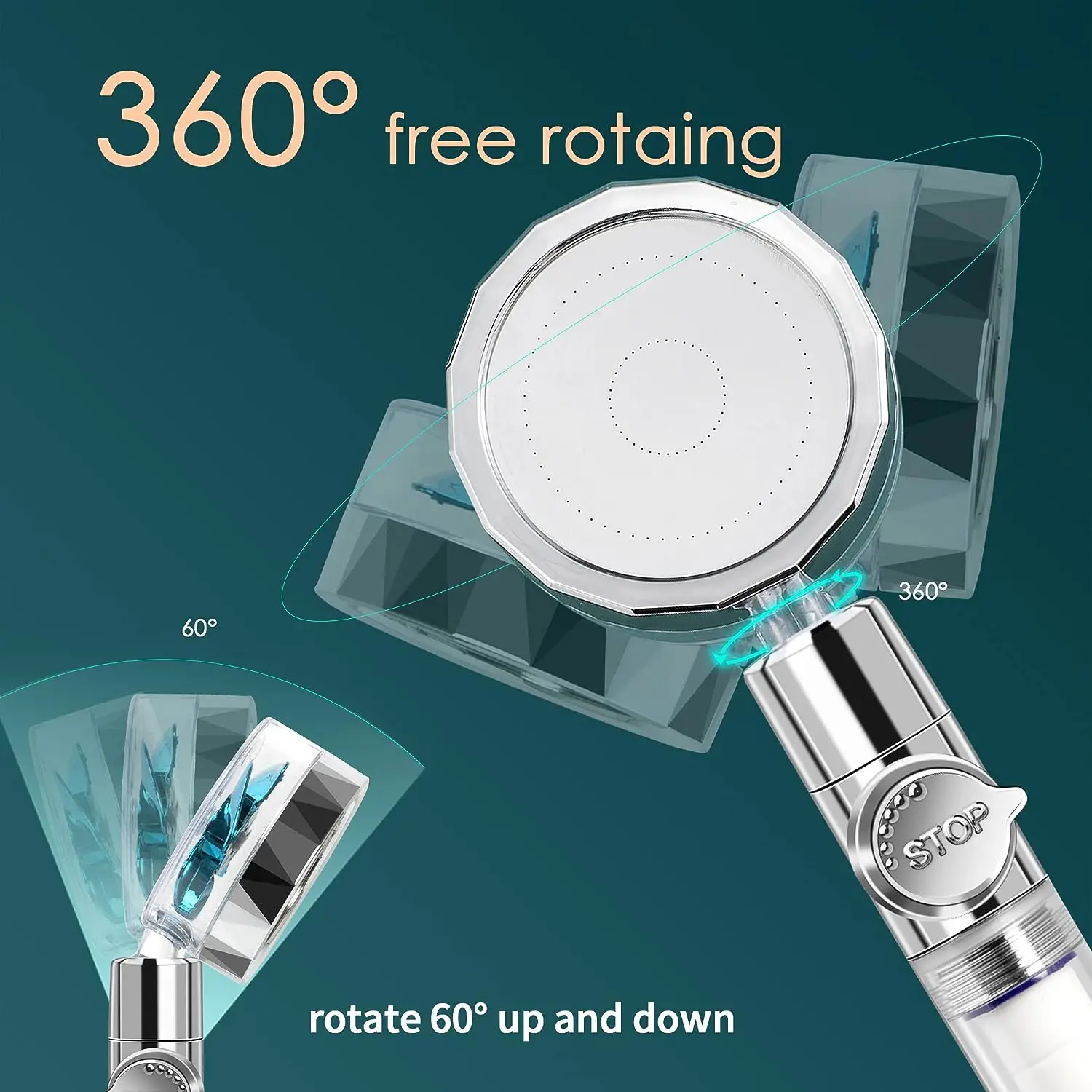 Shower Head Shower Nozzle 5 color Pressurized Shower Head Water Saving 360 Rotating Twin Turbo Pressurized Propeller Fan Shower Head Bathroom Accessories