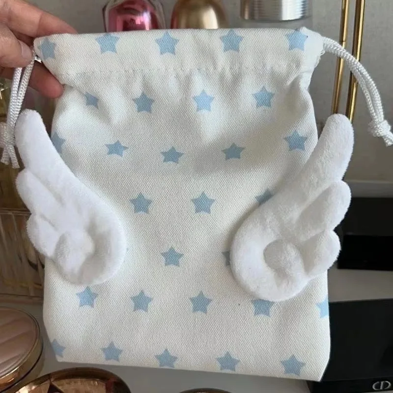 Portable Fashion Bundle Pocket Star Pattern Rope Drawstring Design Cosmetics Bag Canvas Dustproof Storage Bag with Plush Wing