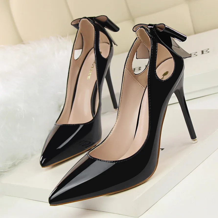 BIGTREE Spring Women Pumps Patent Leather 10CM Thin High Heel  Bowknot Hollow Sandals Woman Dress Shoes Stilettos High Quality