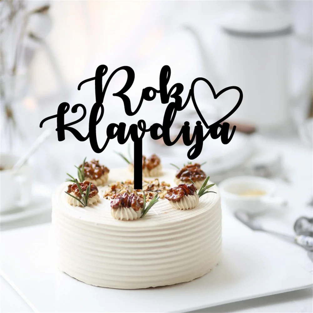 

Персонализированный акриловый Топпер для свадебного торта с сердцем, с именем жениха невесты, в рустикальном стиле, для юбилея, фотоподарок, декор для дня рождения