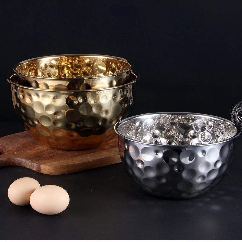 Stainless Steel Dish Gold /Silver Stainless Steel Hammer Point Fruit Bowl Salad Plate Egg Pot Thickened Baking Mixing Cooking Bowl Creative Decoration