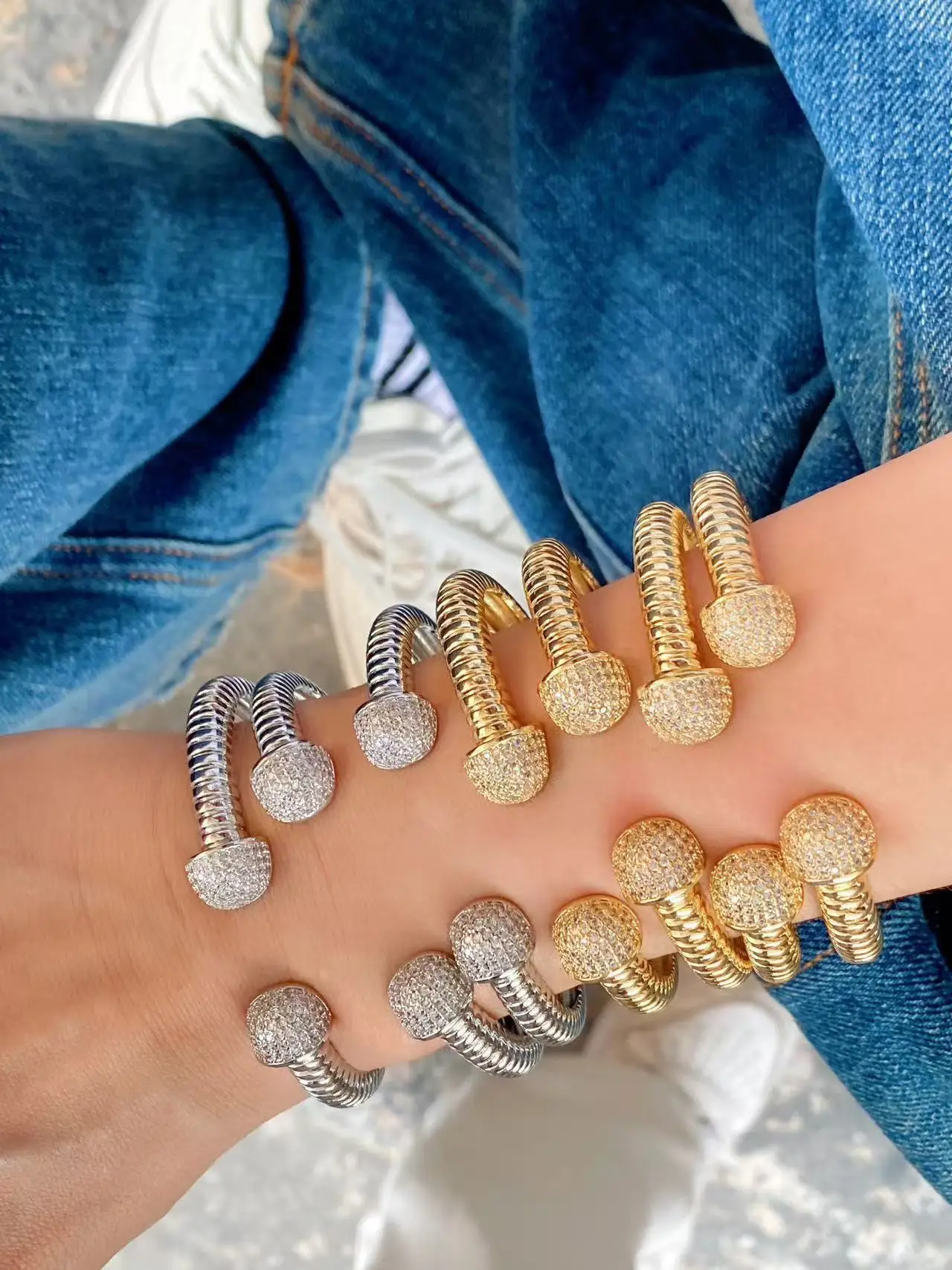 5PCS, Fashion Geometric Bracelet Bangles & Rings Open Design 18k Gold Plated Jewelry Gift For Girls