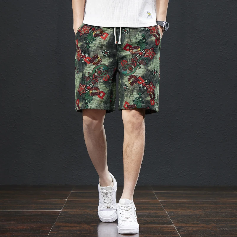 2024 Summer New Chinese Style Printed Beach Pants Men's Loose Trendy Capris Street Leisure Outdoor Shorts 3