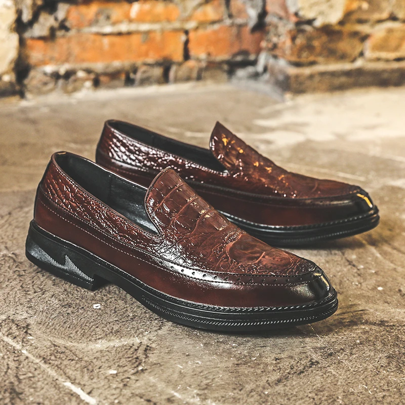 

Crocodile Pattern Loafers Men's Brown Business Dress Moccasin Pull-On Driving Shoes Comfortable Thick Sole Casual Leather Shoes