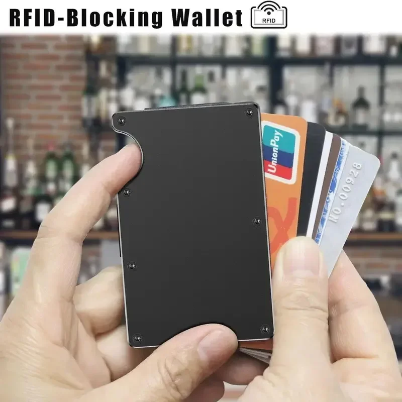 Slim RFID Protection Aluminum Card Holder Wallet with Elastic Back Pouch - Unisex Travel Purse