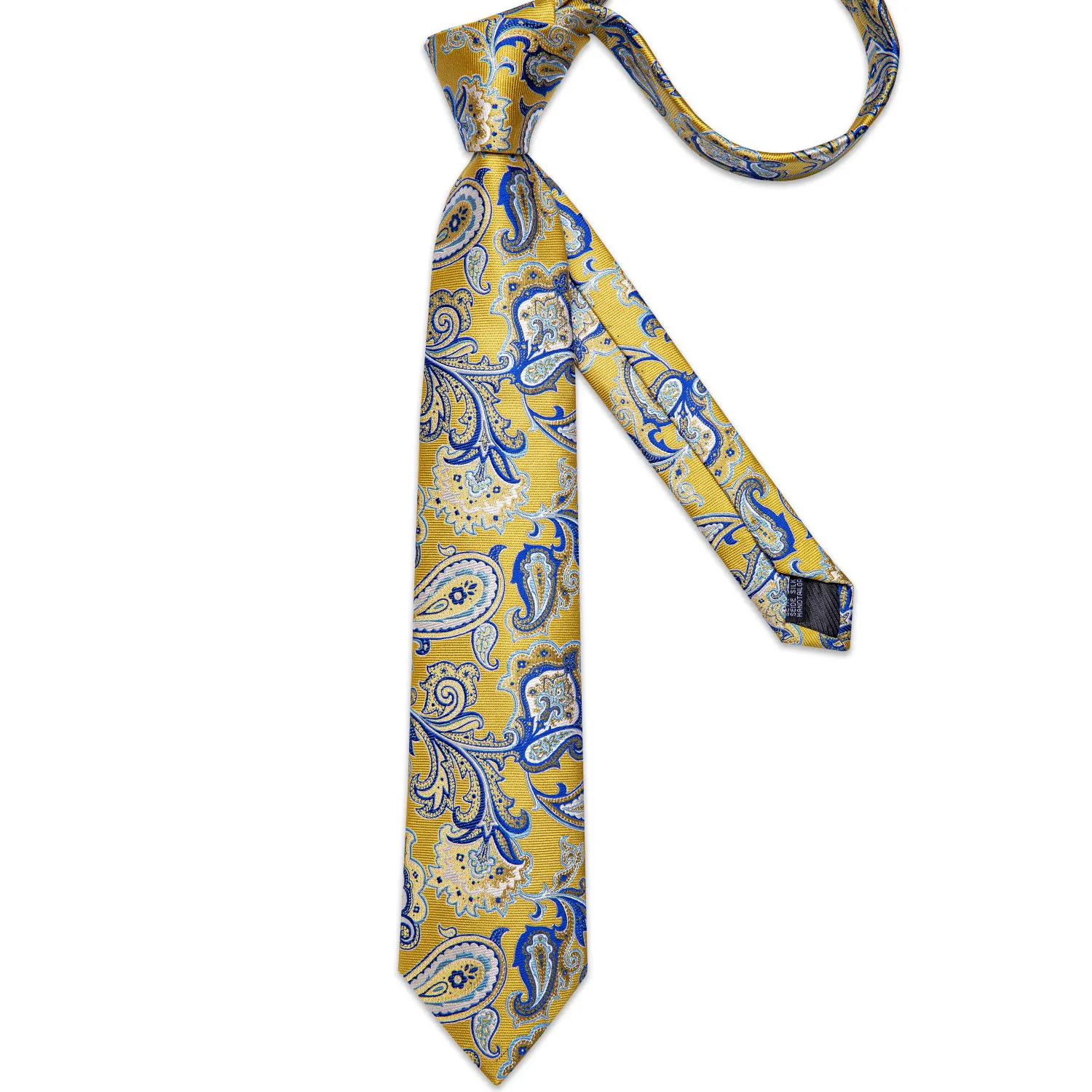 DiBanGu Mens Necktie Gold Yellow Blue Paisley Silk Wedding Tie For Men Tie Hanky Cufflink Set Business Party neck tie