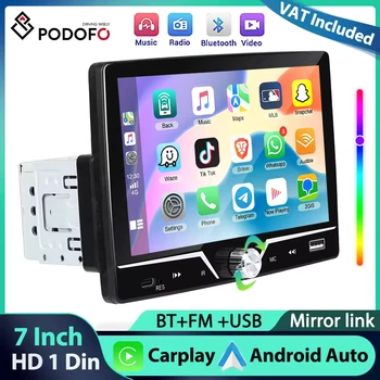 Reproductor MP5 Podofo de 7'' 1Din con Perilla, Carplay, Android Auto, Reproductor Multimedia, Sonido EQ, Bluetooth, Mirror Link, USB y Tipo-C, Audio para Auto 1