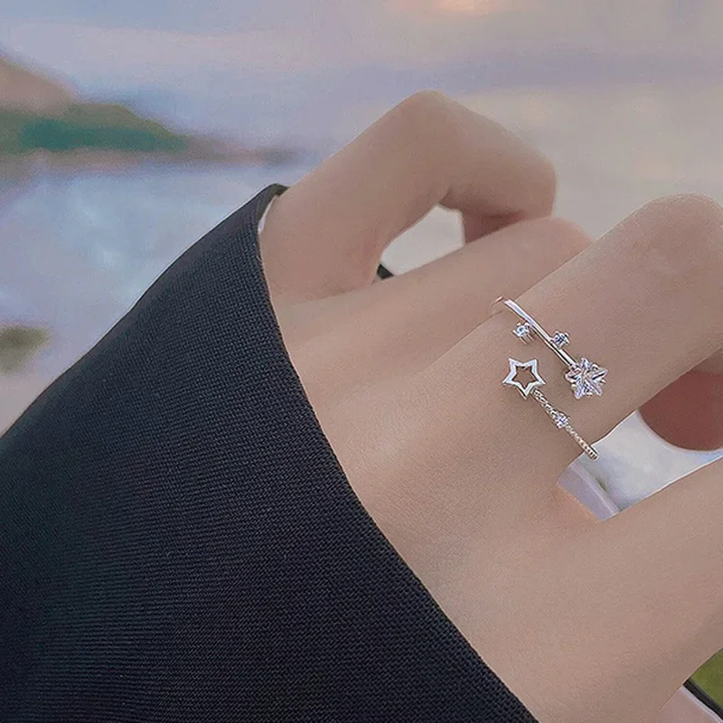 Korean Five Pointed Star Rings Women Simple Zircon Cross Opening Adjustable Finger Rings Jewelry Party Gift