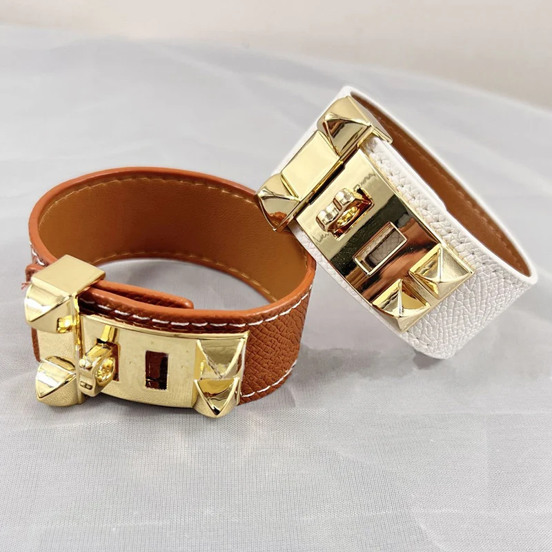 10 Colors Single Layer Leather Circle Gold Plated Rivet Stainless Steel Bracelet For Women Brand Element Jewelry