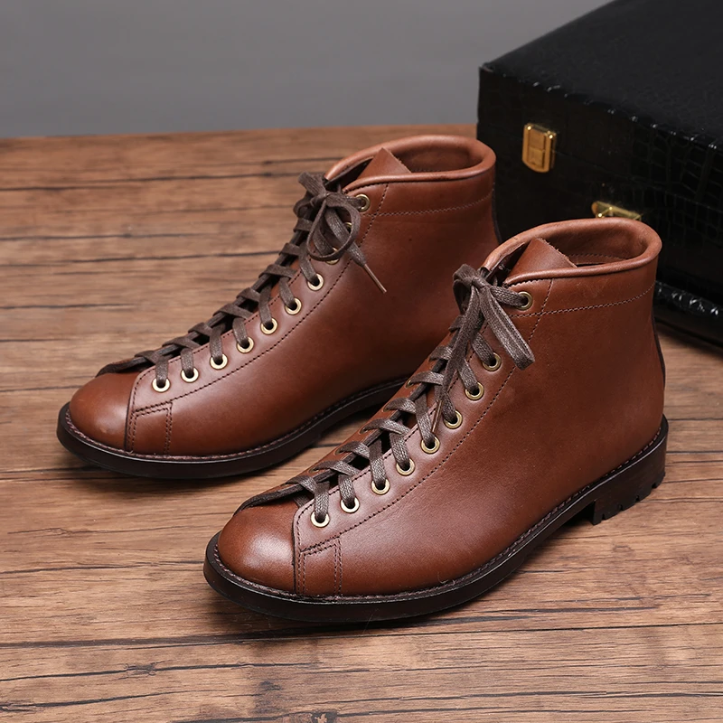 

Мужские кожаные ботильоны, демисезонные, красные, с круглыми крыльями, мотоциклетные