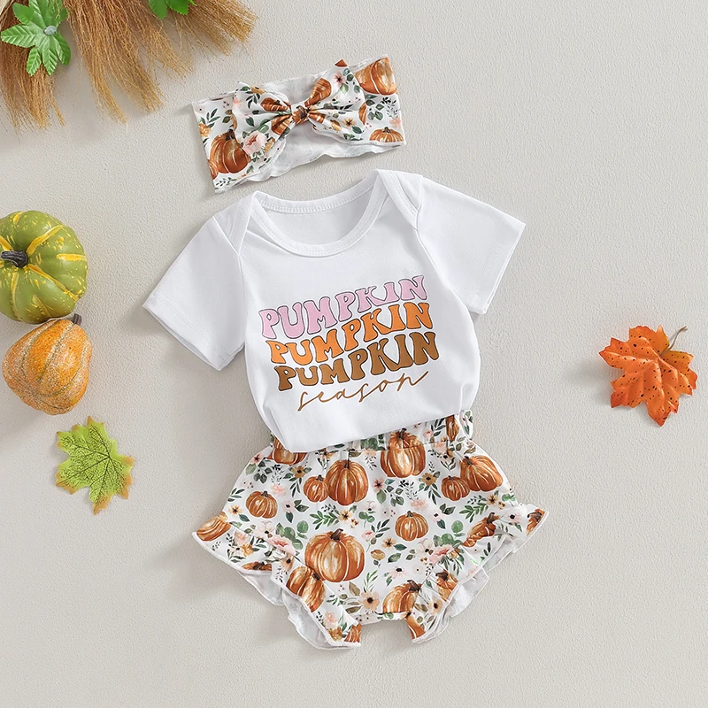 

3Pcs Infant Baby Girl Halloween Outfits Pumpkin Letter Print Romper Bodysuit Ruffle PP Shorts Headband Clothes Set