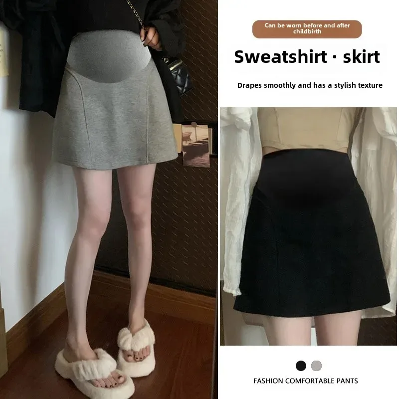 Maternity High Waist A- Line Mini Skirt Grey Women's Autumn Korean Style Anti-Light Slimming Short Skirt for Pregnant Ladies