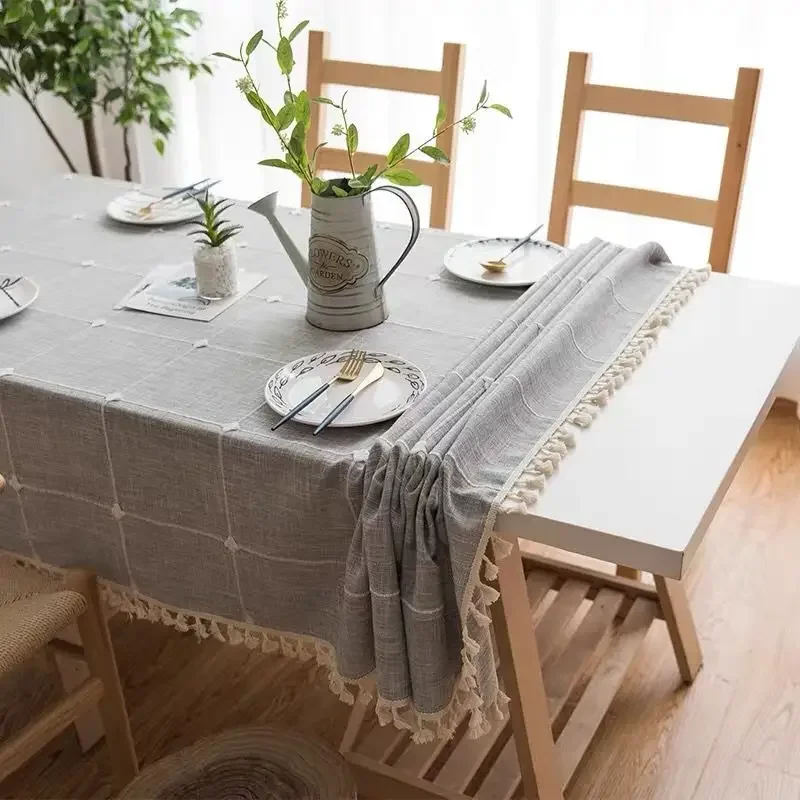 

Plaid Decorative Linen Modern Table Cloth With Tassel Waterproof Oilproof Rectangular Tablecloth For Home Dining Tea Table Cover