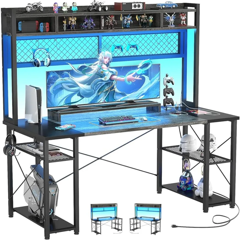 

2024 Upgrade Gaming Desk with Hutch, 55.2'' Magic Computer Desk with LED Lights and Outlets, Reversible Workstation Desk