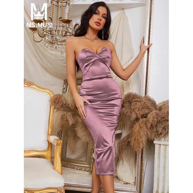 

MSMUSI 2024 New Fashion Women Sexy Solid Strapless Draped Fold Sleeveless Bodycon Party Club Event Satin Slim Midi Dress Vestido