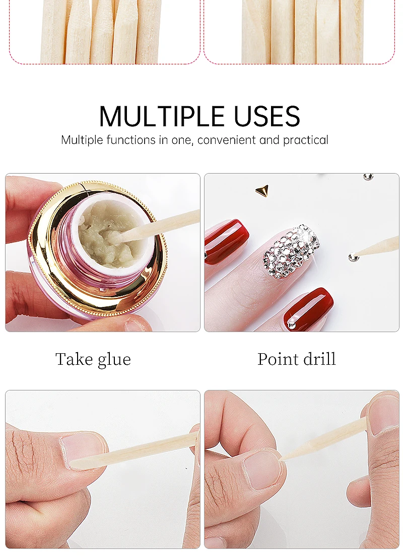 100 Stück wieder verwendbare Holz Nagel hauts chieber Entferner Nail Art Design Holzstäbchen Punktierung Entfernung Maniküre Pediküre Pflege Werkzeuge – Detail 7