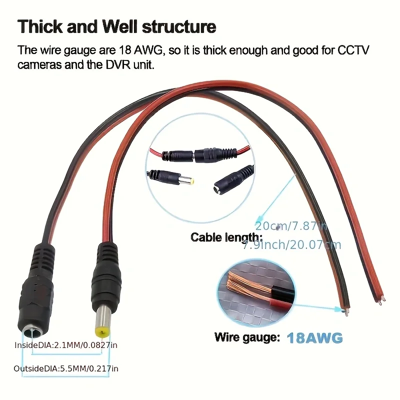 12V Dc Power Pigtail Plug Cable DC Male Female Security adapter Connector 5.5mm X 2.1mm For CCTV Cameras 6