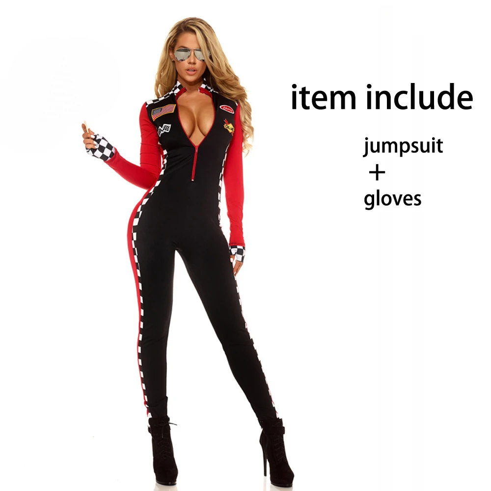 Halloween Women Sexy Race Car Driver Costume Racing Girl Jumpsuit Car Game Long Sleeves Uniform