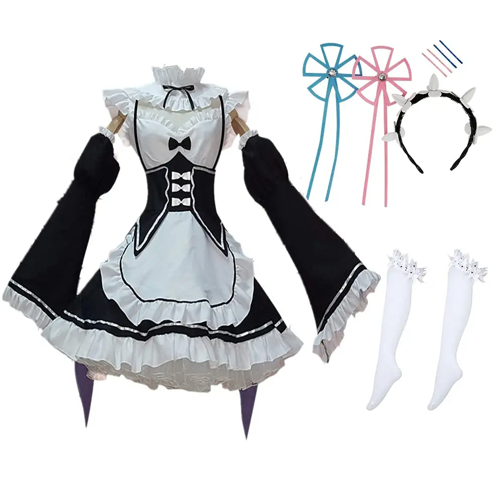 

Anime Re:Zero Rem Ram Lolita Maid Dress Socks Outfit Cosplay Costume with Headwear for Women Role Playing Dress Halloween