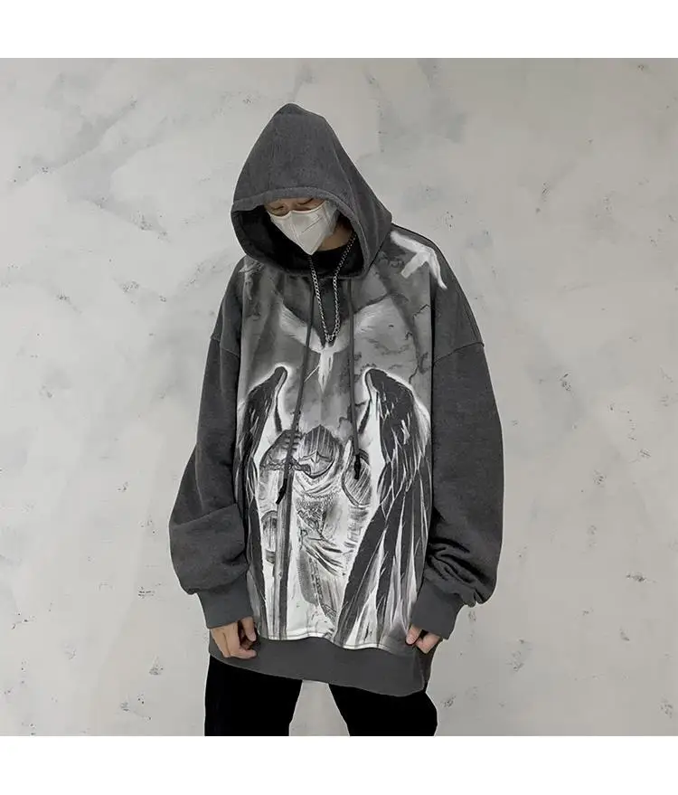 Hooded Print Sweatshirt Men Hip Hop Style Darkwear High Street Autumn New Tide Chic Hoodie Male Casual Punk Coats 2022 New