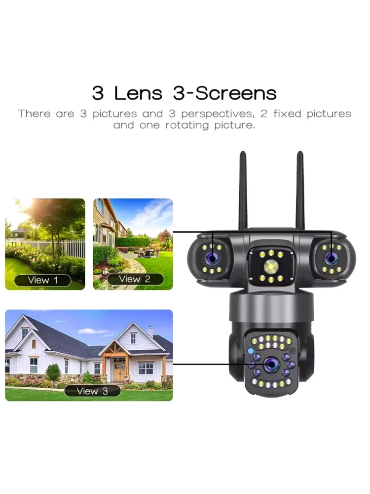 6MP Security Camera Triple Lens - Auto Tracking No Blind Spot, SD Card Separate Purchase Available, Wide Angle Remote Monitoring 6